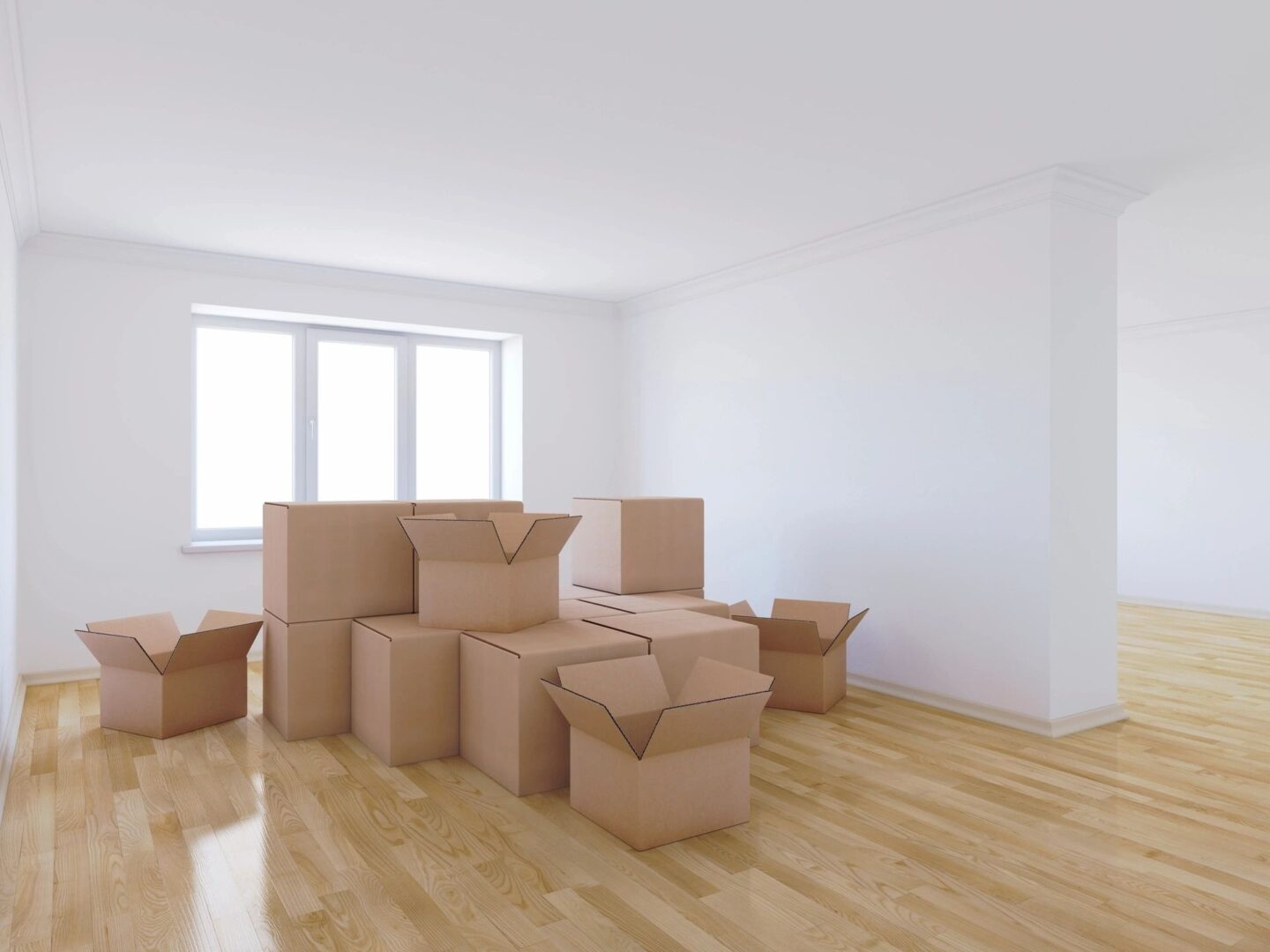 3d render of moving boxes in empty room